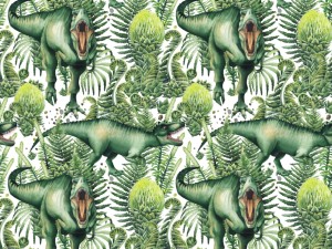 Jersey bawełna z elastanem dinozaury w liściach druk cyfrowy 