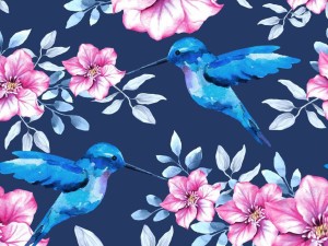 Jersey bawełna z elastanem  niebieskie kwiaty kolibry na granacie druk cyfrowy